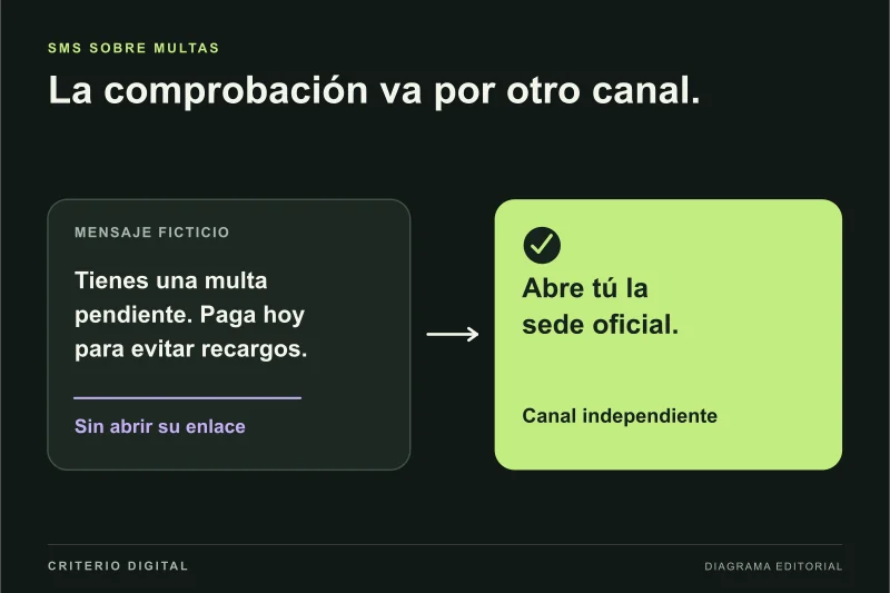 Un SMS ficticio que exige pagar una multa se contrasta abriendo la sede oficial por un canal independiente.