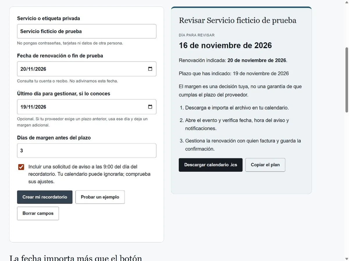 Captura de nuestro calendario con una fecha y un recordatorio ficticios.