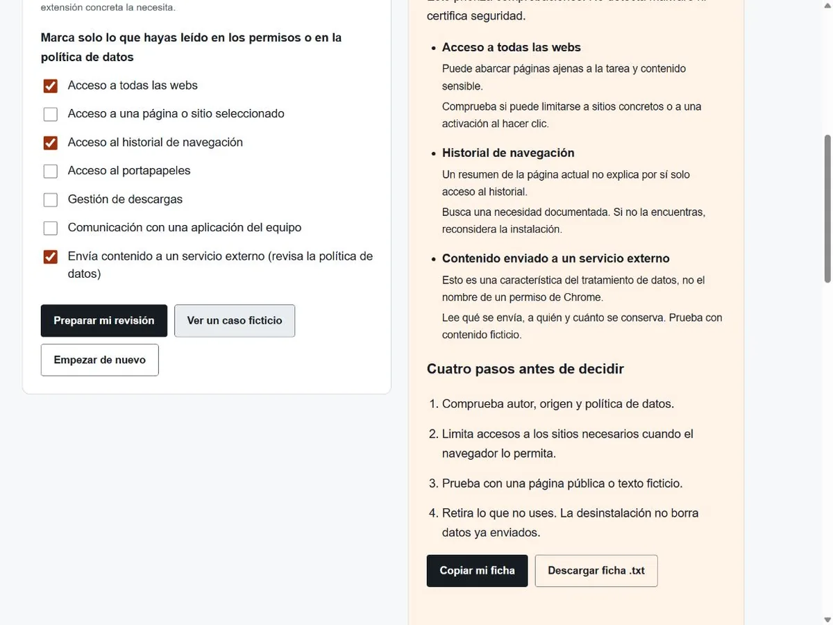 Captura de la ficha de permisos con una selección ficticia de accesos.