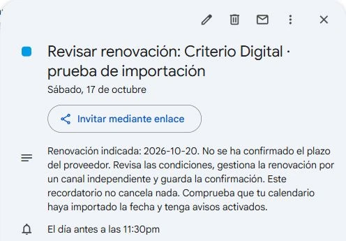 Evento de prueba importado en Google Calendar para el 17 de octubre, con su descripción y un aviso mostrado en la interfaz.